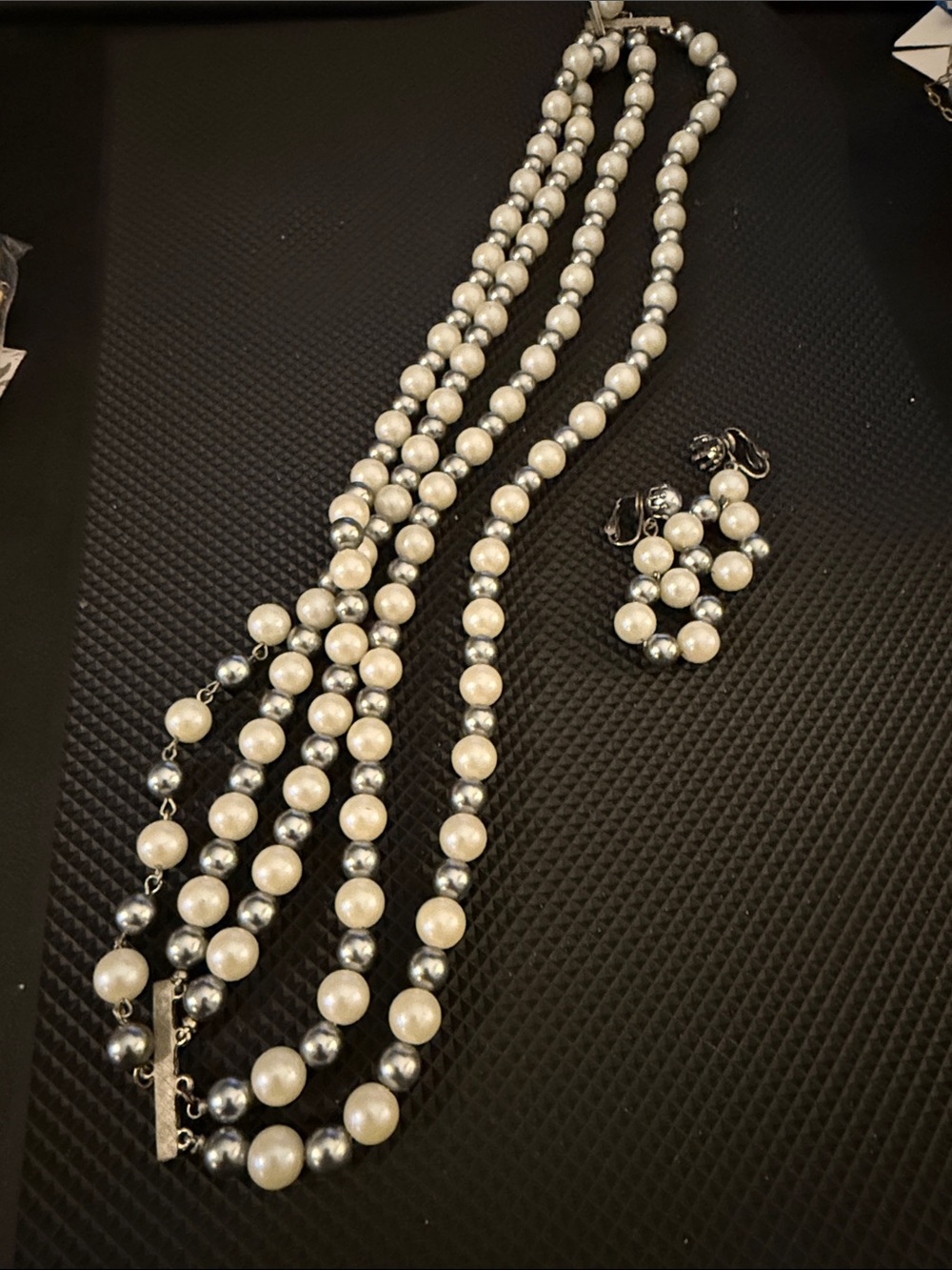 Vintage Multi-Strand Ivory and Silver Pearl Necklace w/ matching earrings